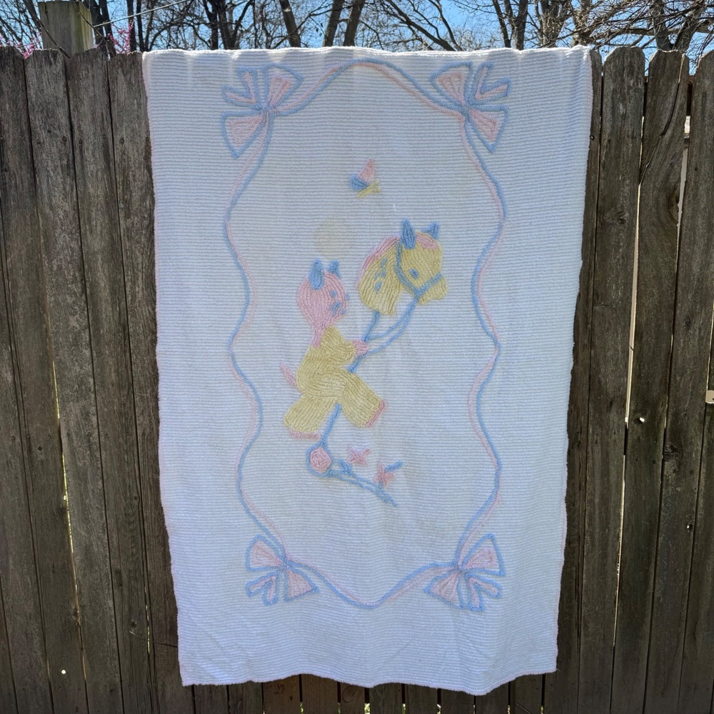 Vtg‎ Chenille Baby Blanket White Pastel Pink Blue Cat Rocking Horse Bows 62 x 39